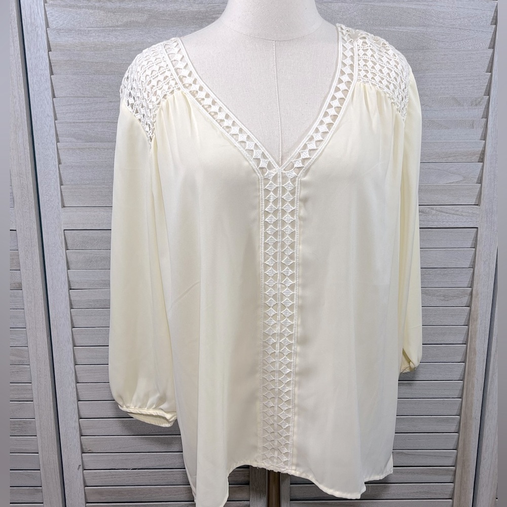 XHILARATION Sheer Crochet Trim V Neck Blouse 3/4 Sleeves Ivory-XXL